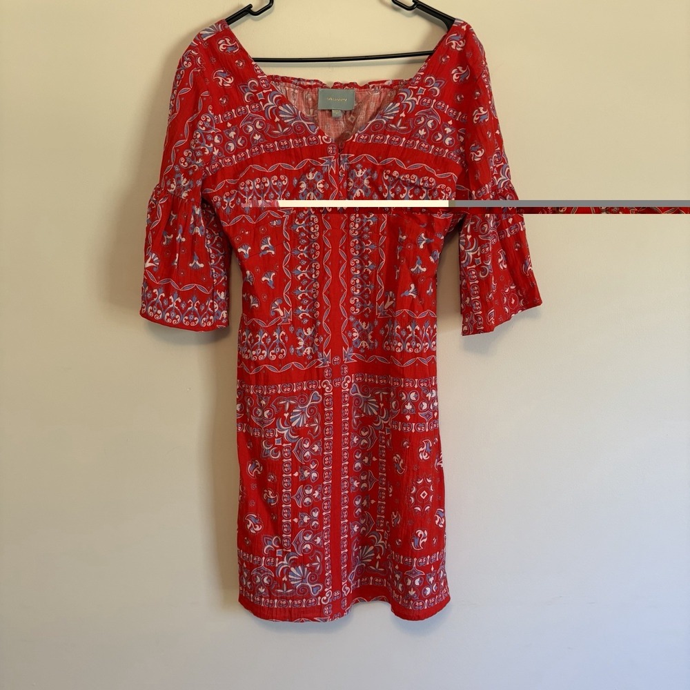 Small Skies are Blue Red Blue Boho Floral Print Dress Bell Sleeves Button Lined‎